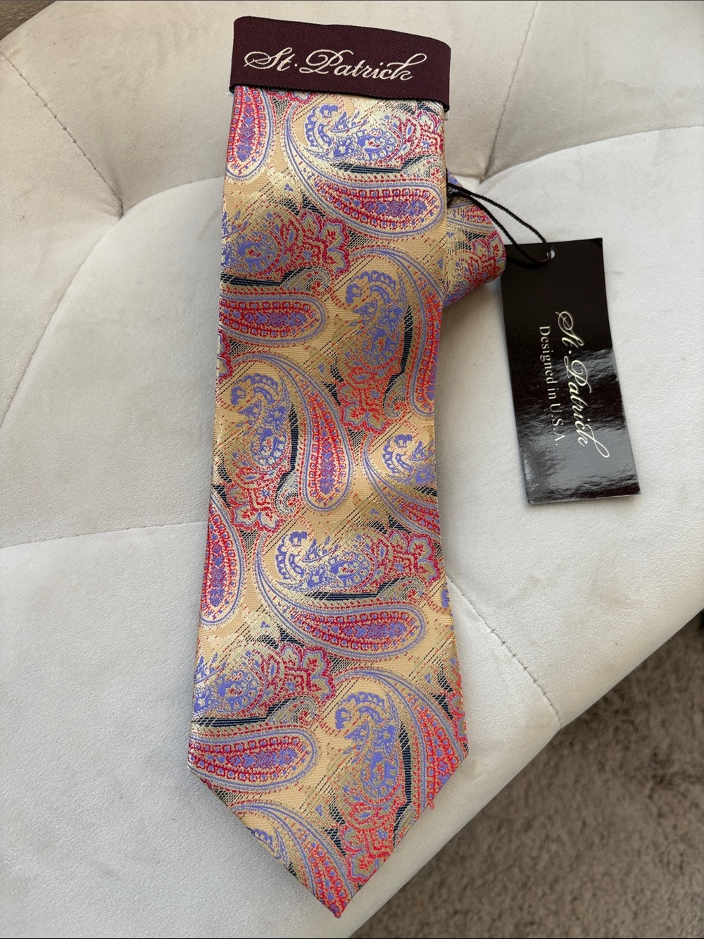 St. Patrick Gold Paisley Tie with Red and Blue Accents